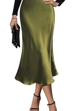 Olive Green Satin Midi Skirt (XS)